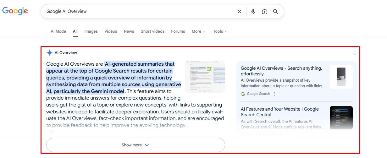 cách hiển thị của Google AI Overviews