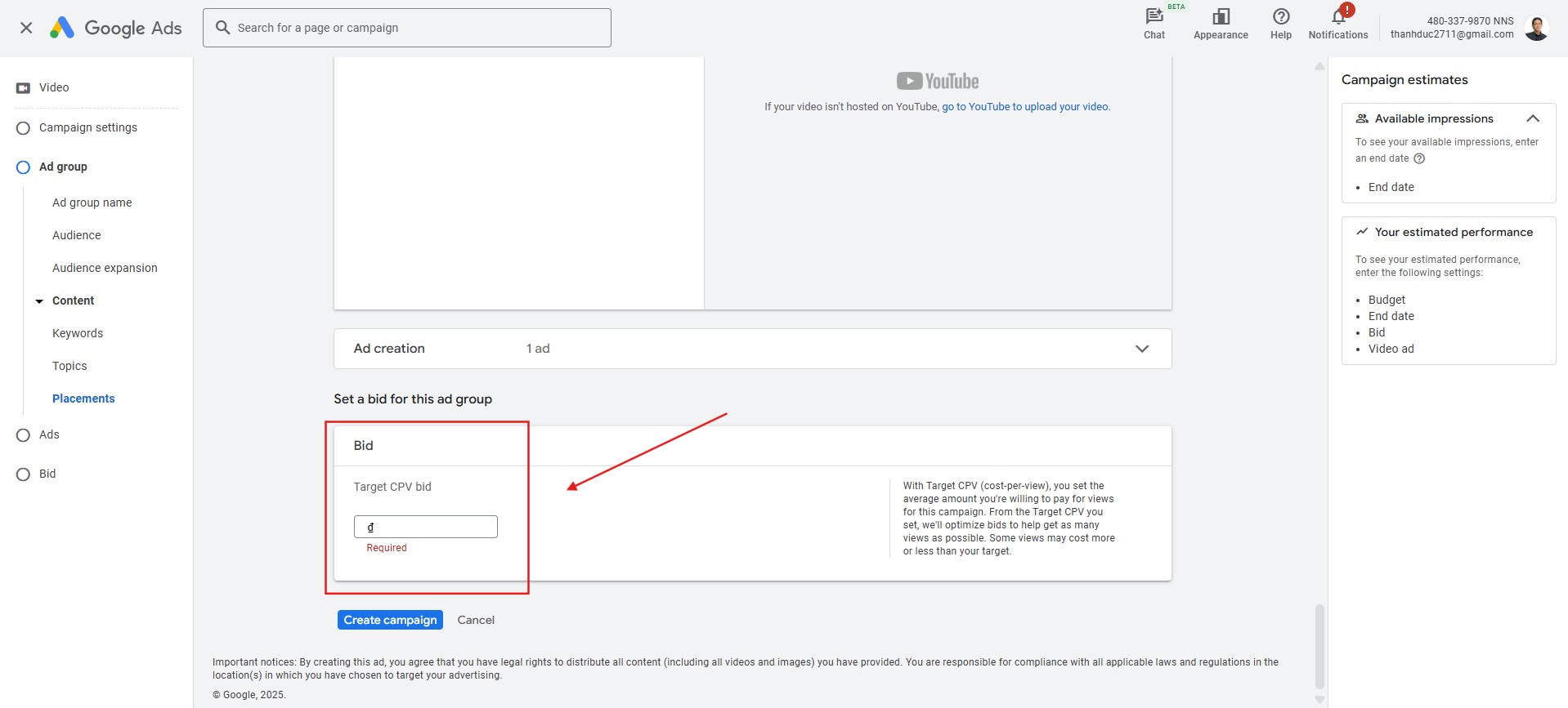 Chọn giá thầu quảng cáo youtube
