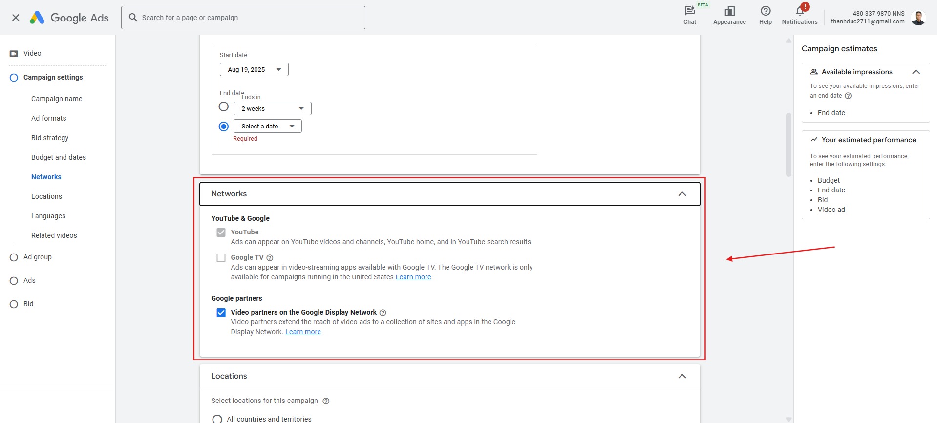 chọn mạng quảng cáo là YOUTUBE
