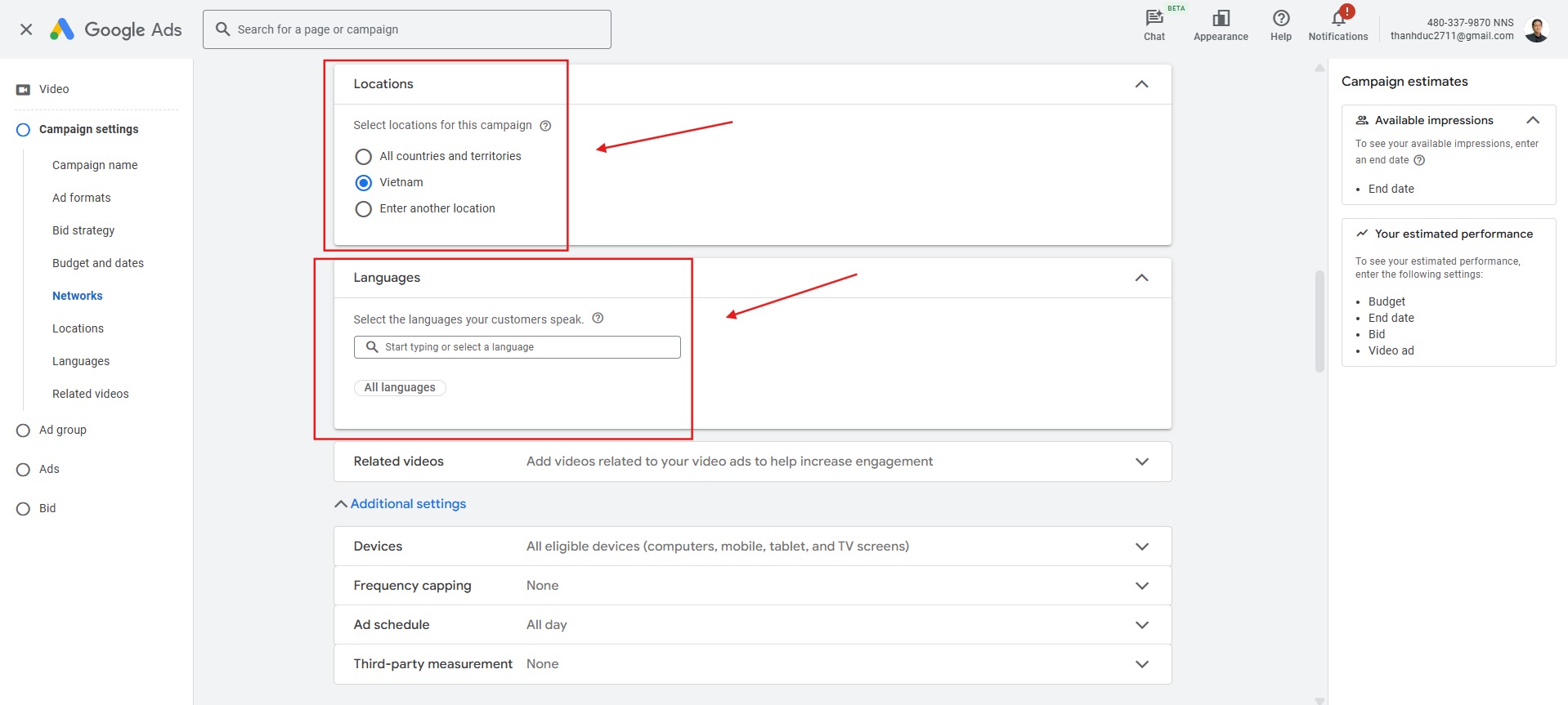 chọn vị trí và ngôn ngữ