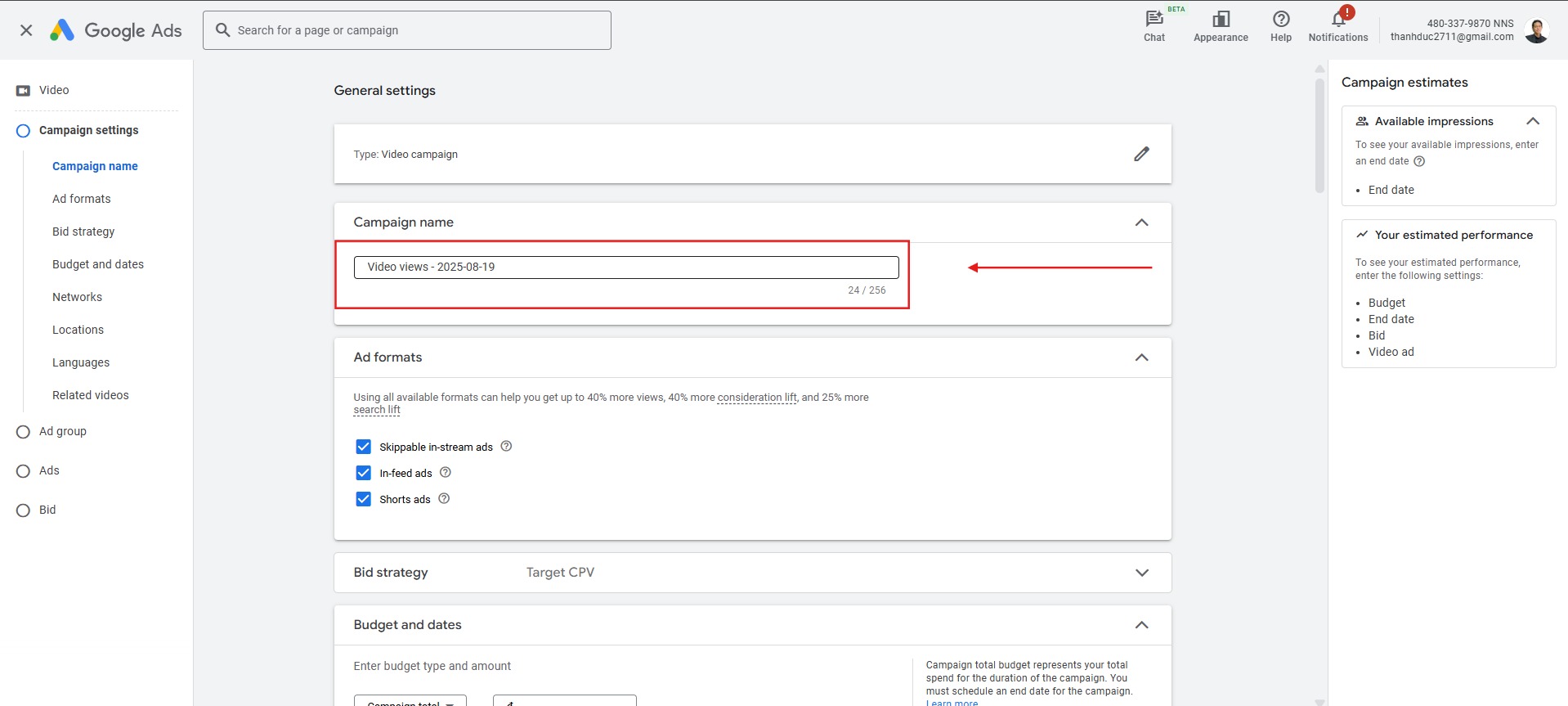 Đặt tên chiến dịch quảng cáo youtube
