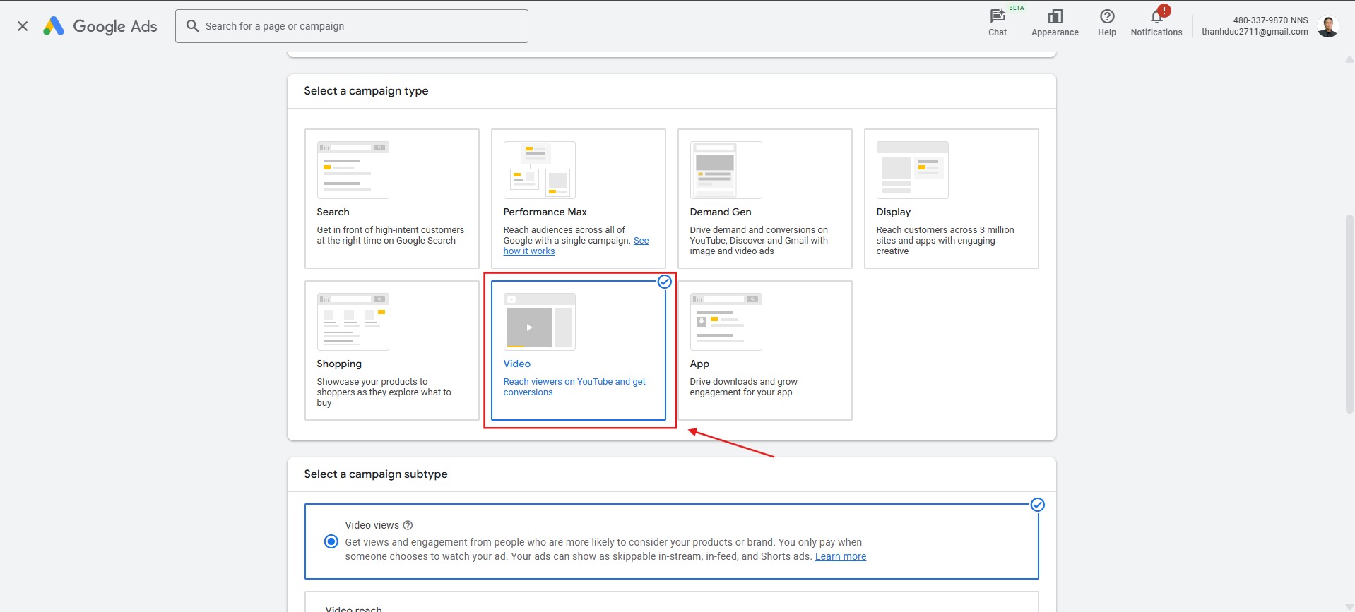 Lựa chọn loại chiến dịch Quảng cáo YouTube