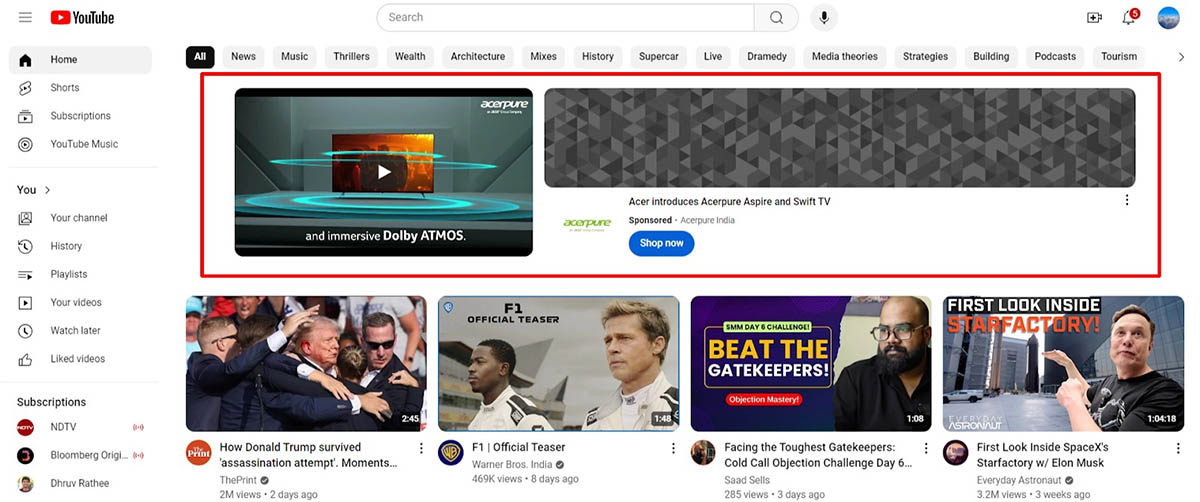 Quảng cáo trên trang chủ youtube.com